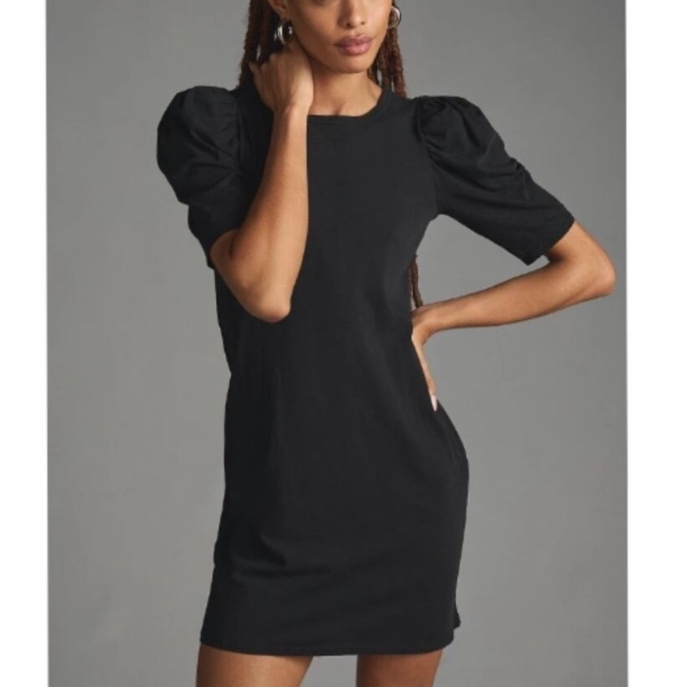 Nation LTD Black Jules Puff Sleeve Shirt Dress Size Medium Pima Cotton Linen